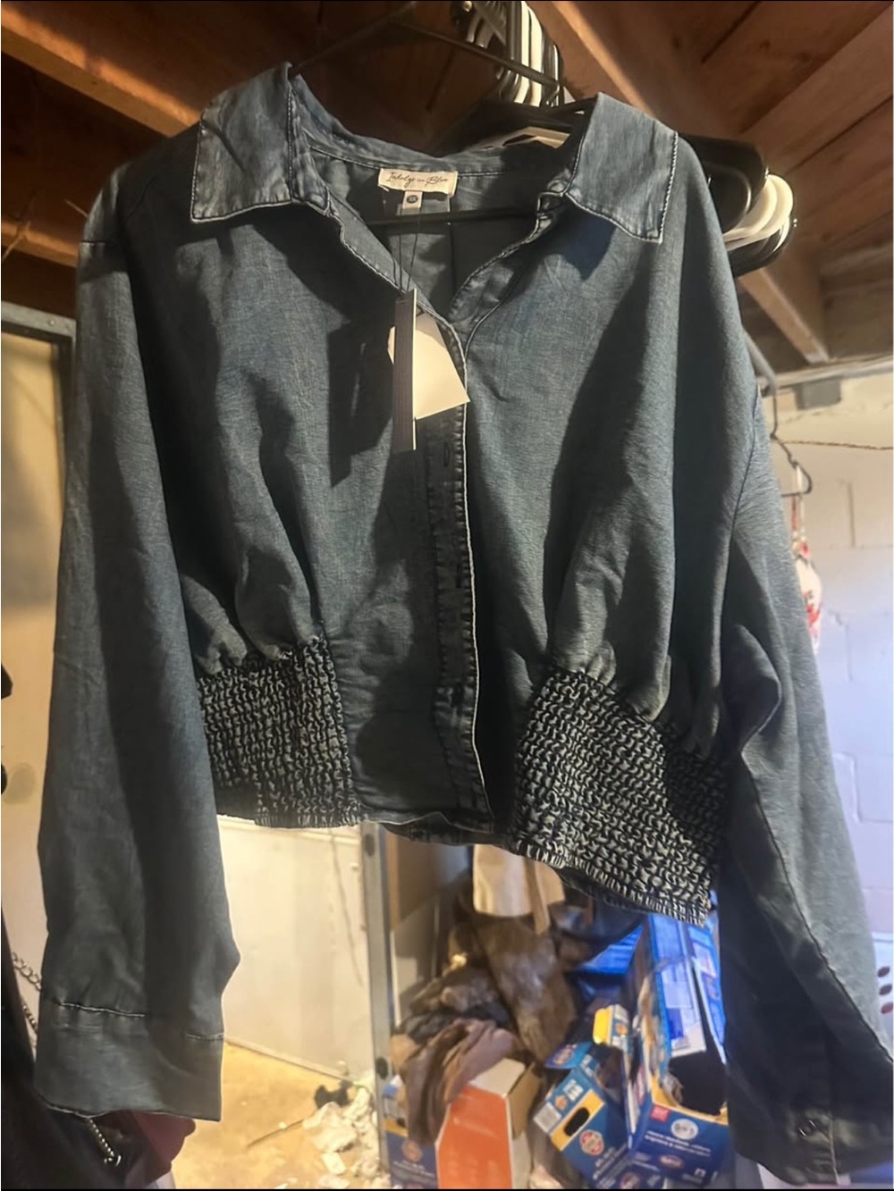 Denim Cropped Jacket with Smocked Waist - Blue
